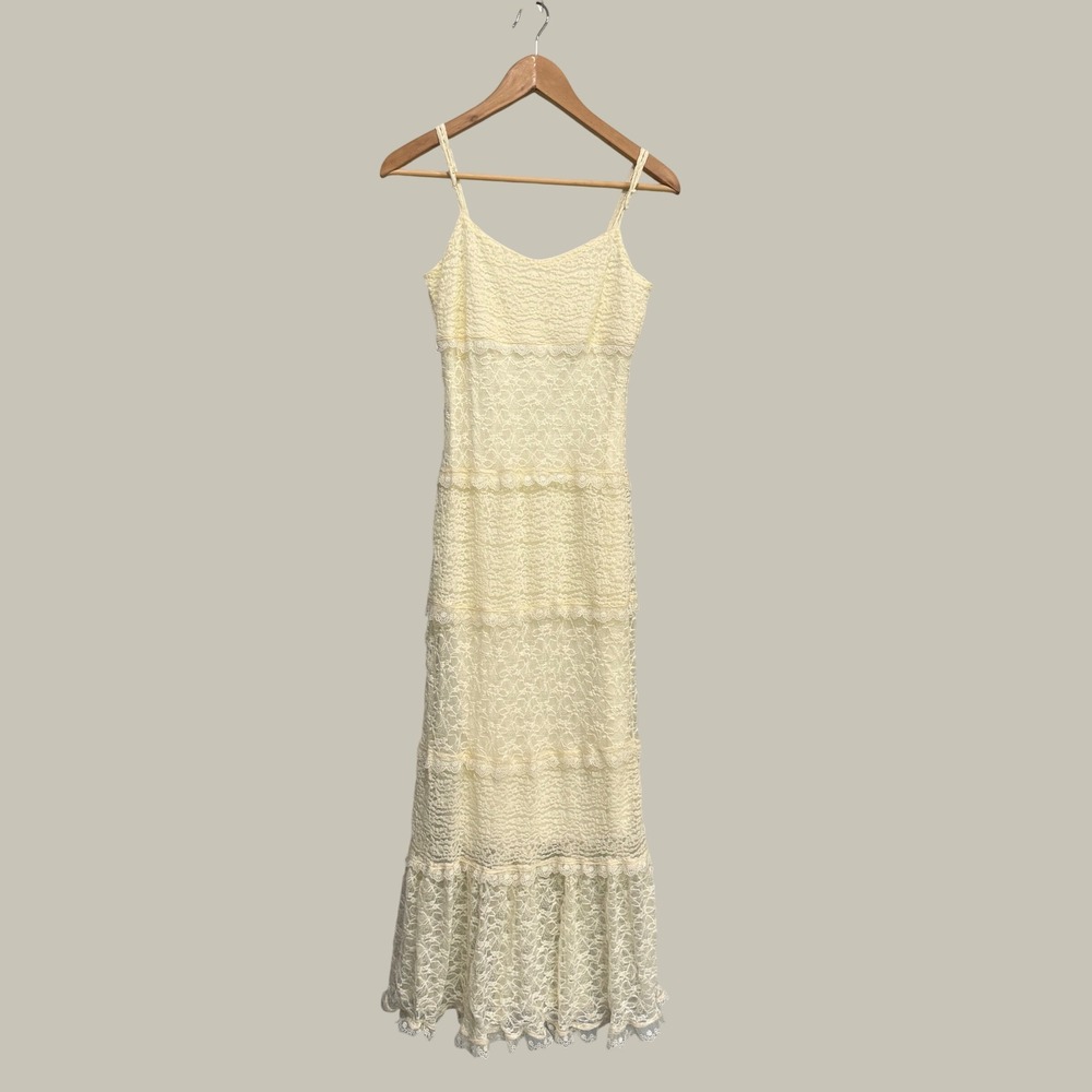 Bridal coquette cottagecore Cream Floral Lace Tiered Maxi Dress Sleeveless